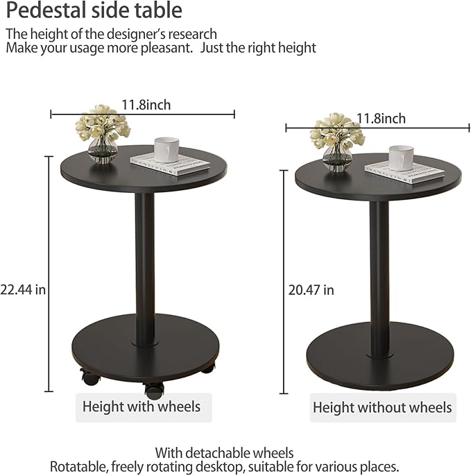 Pedestal Table on Wheels TV Tray Table, Rotating Couch Round Tables, Small Side - Image 2