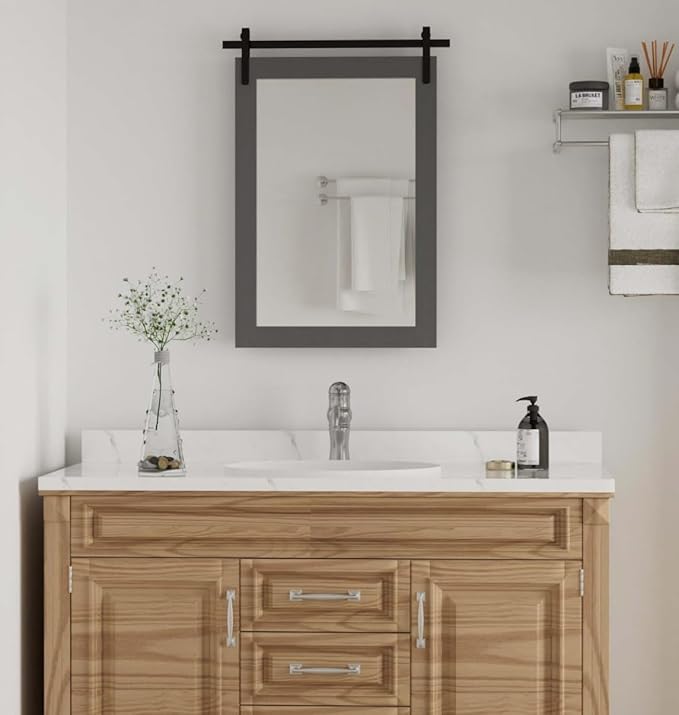 Farmhouse Wall Mirror, Rustic Wood Frame Bathroom Mirror Barn Door Inspired - Image 7