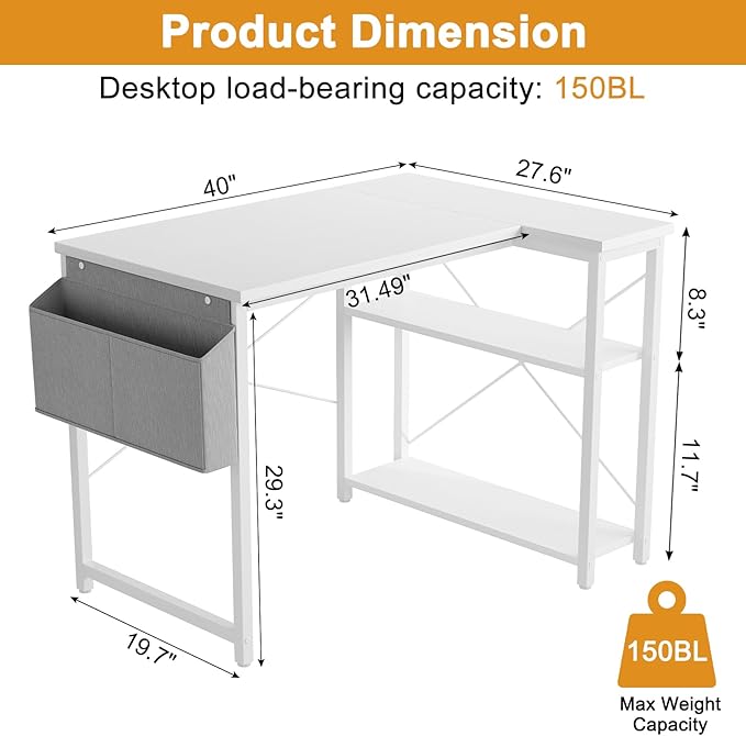 L Shaped Computer Desk with Reversible Shelves, 40 Inch Small Corner Desk with - Image 7