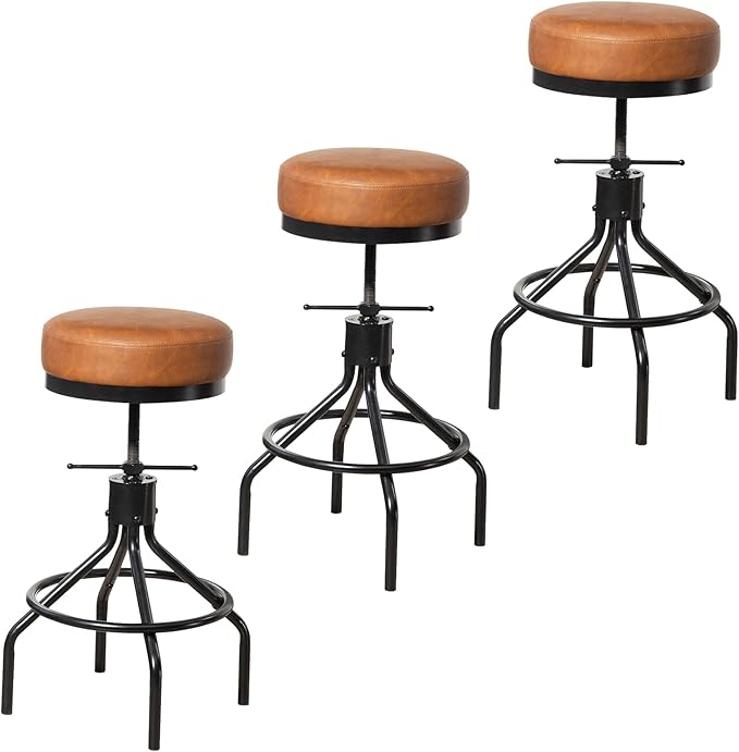 Industrial Bar Stools Set of 3 Adjustable Swivel Barstools Modern PU Leather by Unknown