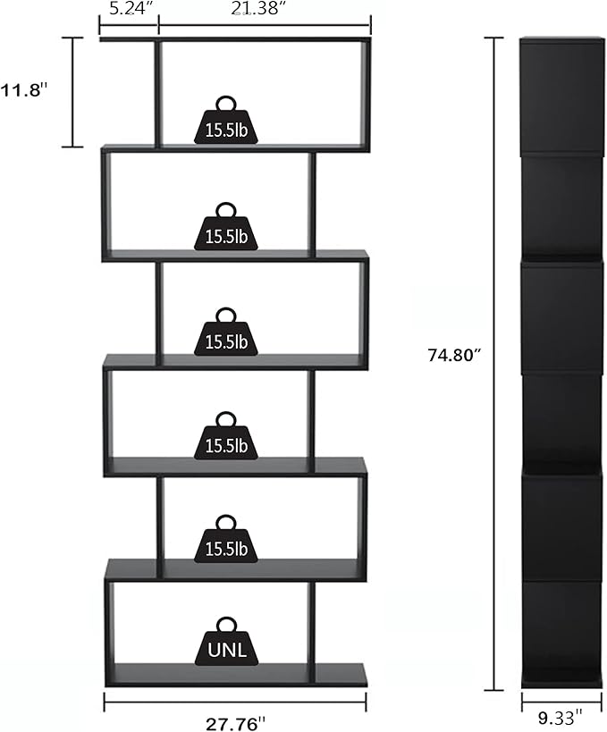 Yusong Bookshelf 6-Tier, Geometric Bookcase S Shaped Book Shelves - Image 3