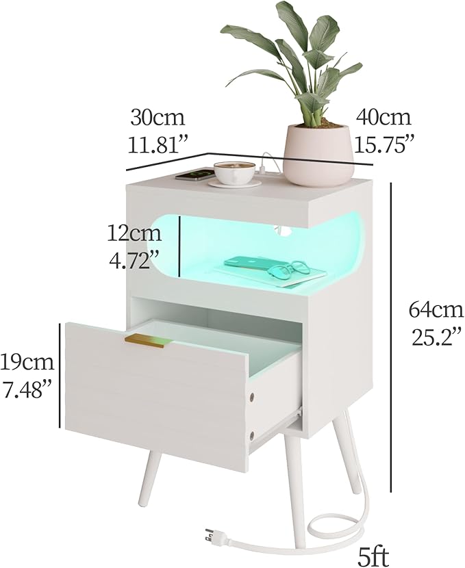 White Nightstand with Charging Station and LED Lights, Modern Bedside Table - Image 2