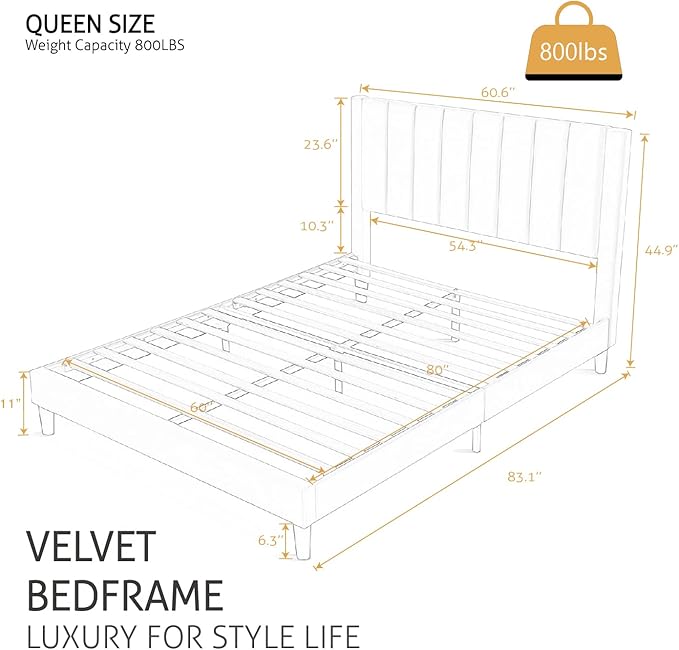 SHA CERLIN Queen Bed Frame/Velvet Upholstered Platform Bed Frame - Image 2