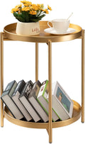 TeoKJ 2 Tier Gold Side Table, Folding Round Metal End Table Small Nightstand by TeoKJ