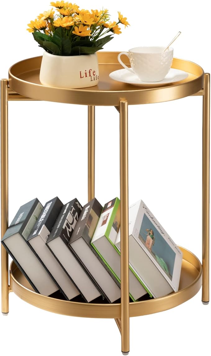 TeoKJ 2 Tier Gold Side Table, Folding Round Metal End Table Small Nightstand by TeoKJ