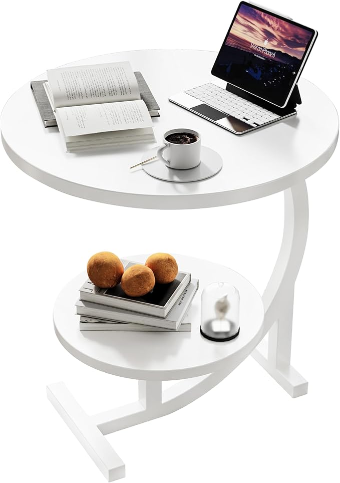 C-Shaped End Table, 2 Tiers Round Side Table, Sofa Small Side Table by Serxis