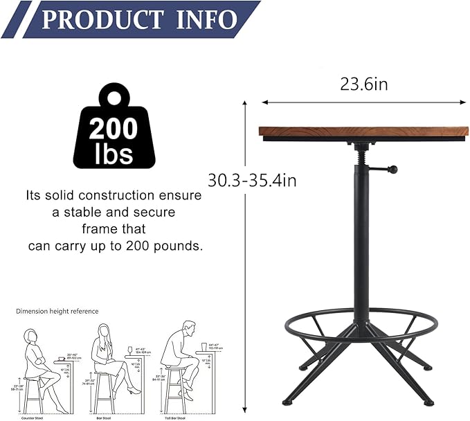 Diwhy Industrial Design Bar Table Height Adjustable 30.3-35.4in Kitchen Dining - Image 2