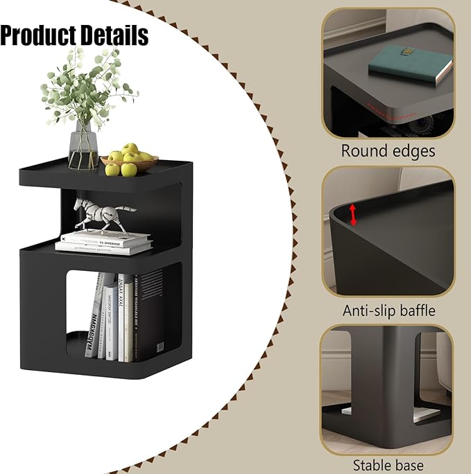 Black Modern Side Table, 3-Tier Metal NightStand - Image 5
