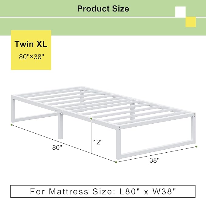 EMODA 12 Inch Twin XL Bed Frame, Metal Platform White Bed Frame No Box Spring - Image 2