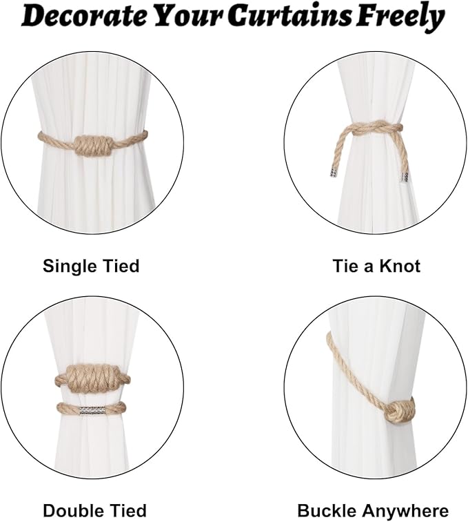 BEL AVENIR Magnetic Jute Curtain Tiebacks, Decorative Drapery Holdbacks - Image 3