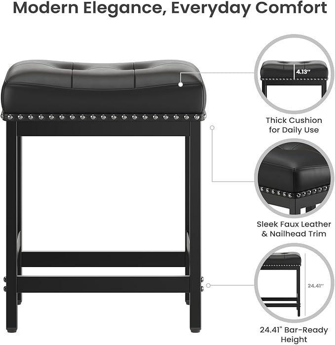 MALOL Set of 6 Saddle Bar Stools Counter Height 24.4”, Modern PU Leather - Image 5