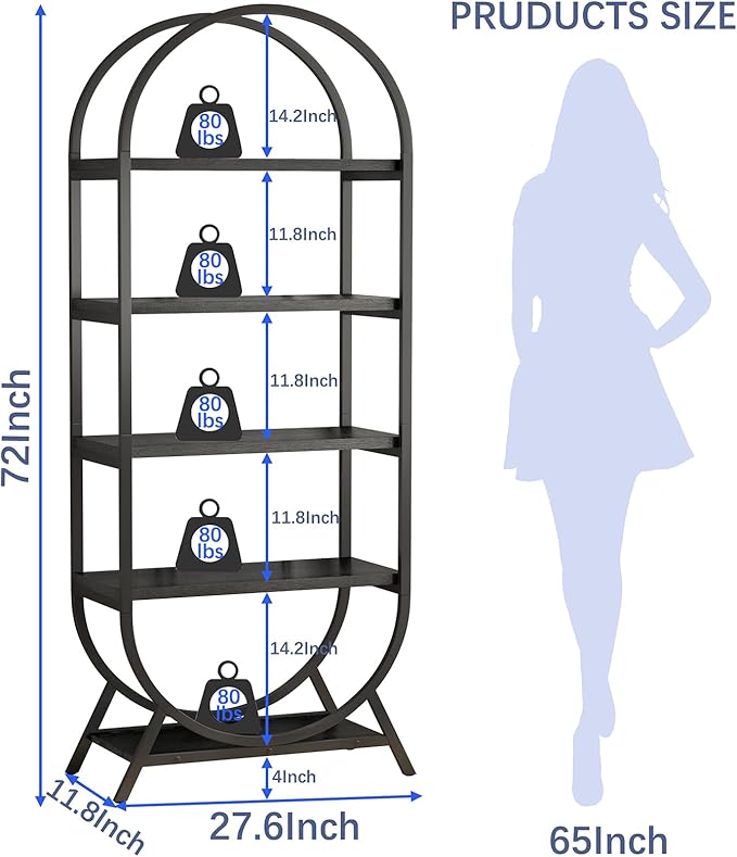 Bookshelf Arched Bookcase Set 2, 5 Tier Open Freestanding Display Shelf - Image 2
