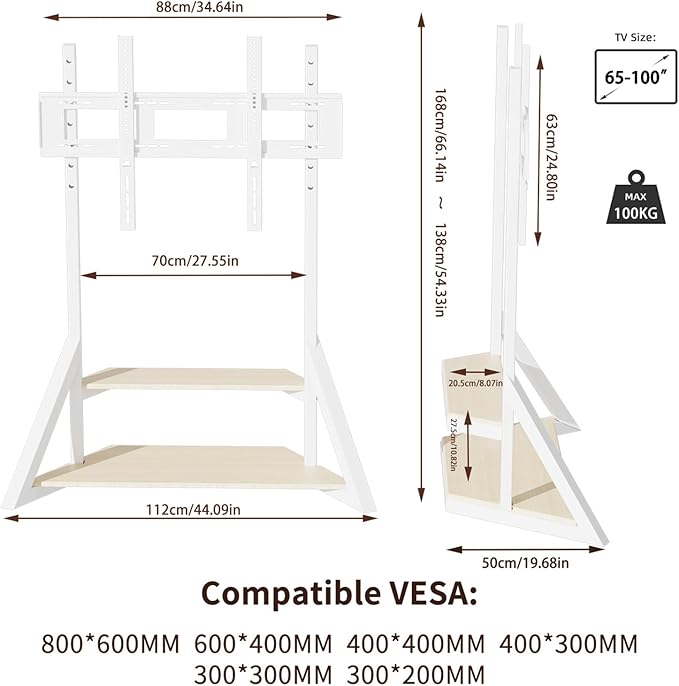 unho White TV Floor Stand with Wheels Shelves - Image 7
