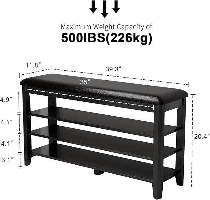 Shoe Bench with Leather Cushion, 3 Tiers Shoe Storage Bench Height Adjustable - Image 2