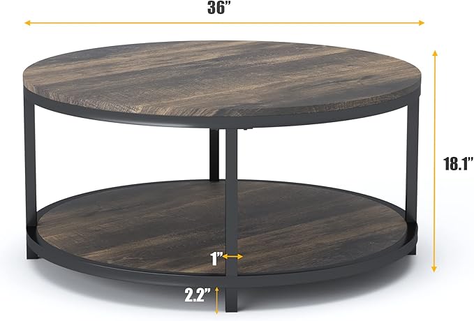 NSdirect 36 inches Round Coffee Table, Rustic Wooden Surface Top & Sturdy Metal - Image 2
