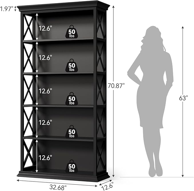 Little Tree 6-Tier Bookcase, 71 Inches Industrial Bookshelves, Floor Standing - Image 3