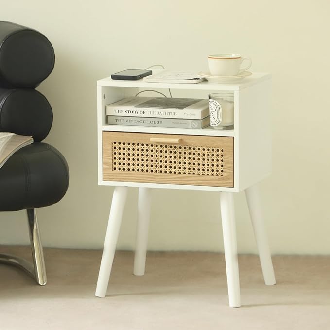 MaxSmeo Nightstand with Charging Station, Bedside Tables with Rattan Drawer - Image 5