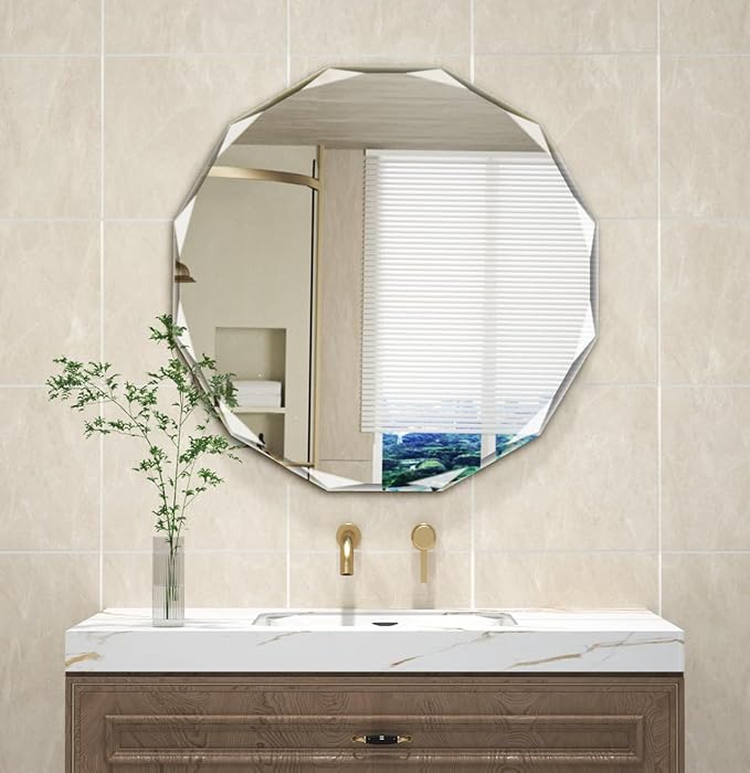 Single Beveled Edge Circle Mirror Frameless Wall Mount Bathroom Vanity Mirror by Unknown