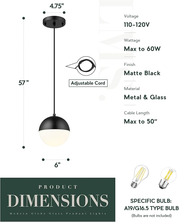 LMS 6-inch Mid Century Pendant Light, Matte Black Pendant Light Fixtures - Image 3