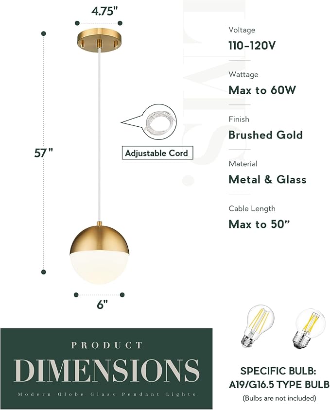 LMS Mid Century Pendant Lights, Brushed Gold Kitchen Island Light Fixtures - Image 3