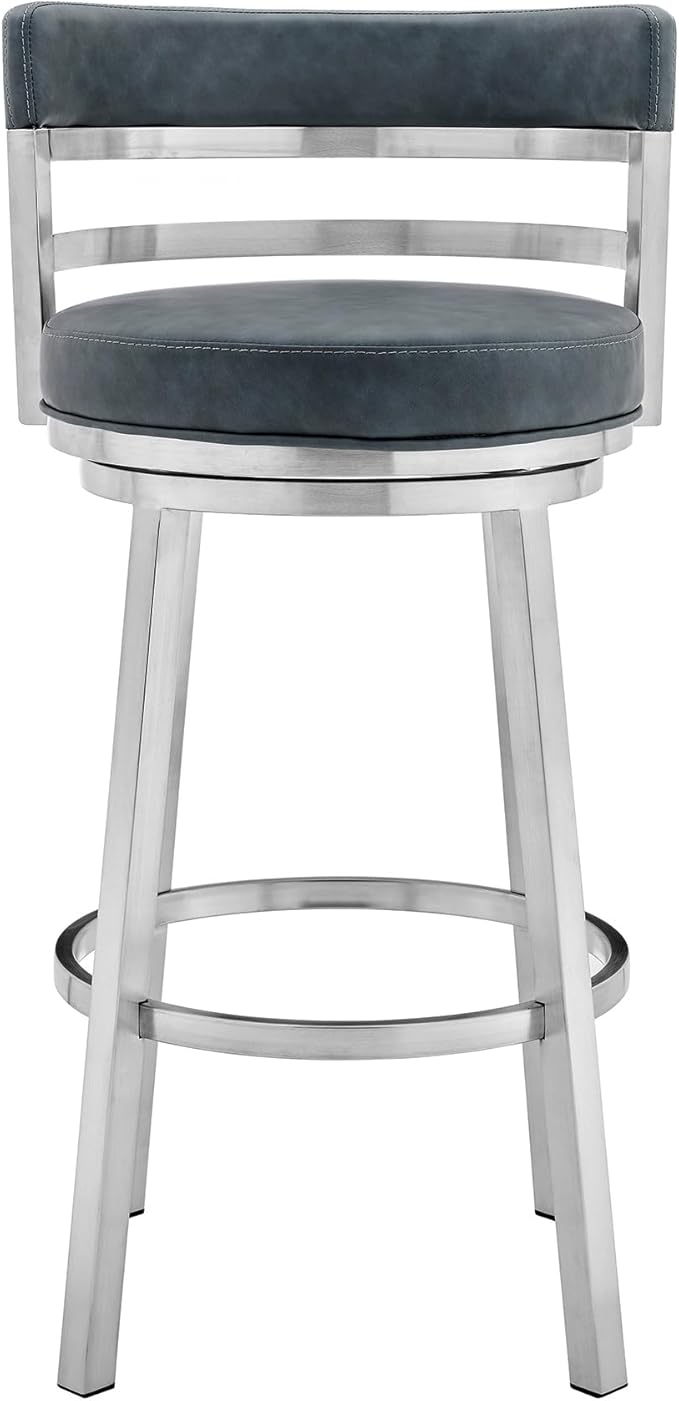 Armen Living Madrid 26" Seat Height Swivel Modern Blue Faux Leather and Brushed - Image 3