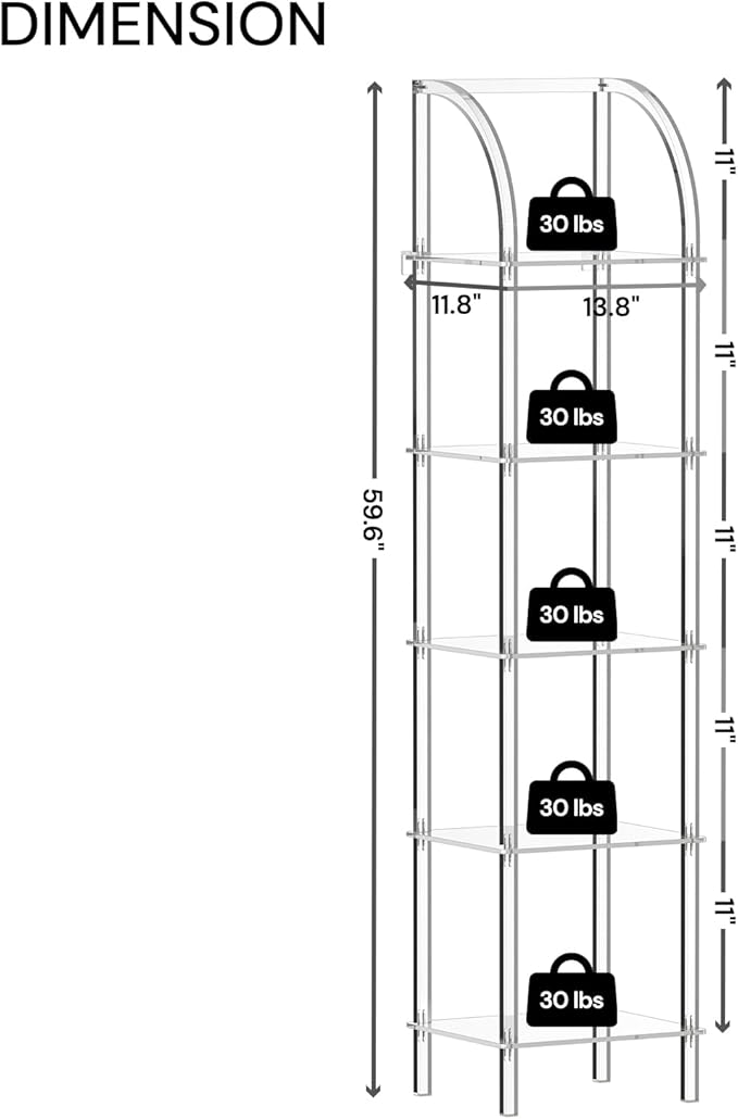 5-Tier Acrylic Arched Bookcase, Square Legs, 13.8''W x 11.8''D x 59.6''H - Image 3