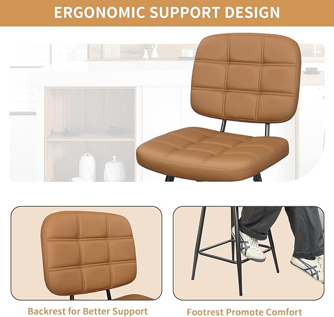 Bar Stools Set of 2, 24 Inch Upholstered Metal Barstool - Image 6