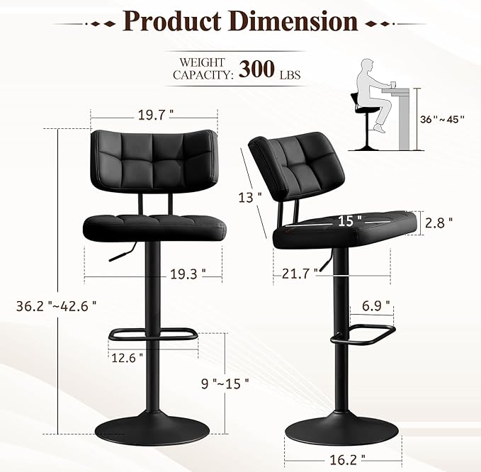 Furniliving Modern Bar Stools Set of 2 Faux Leather, Upholstered Swivel - Image 2