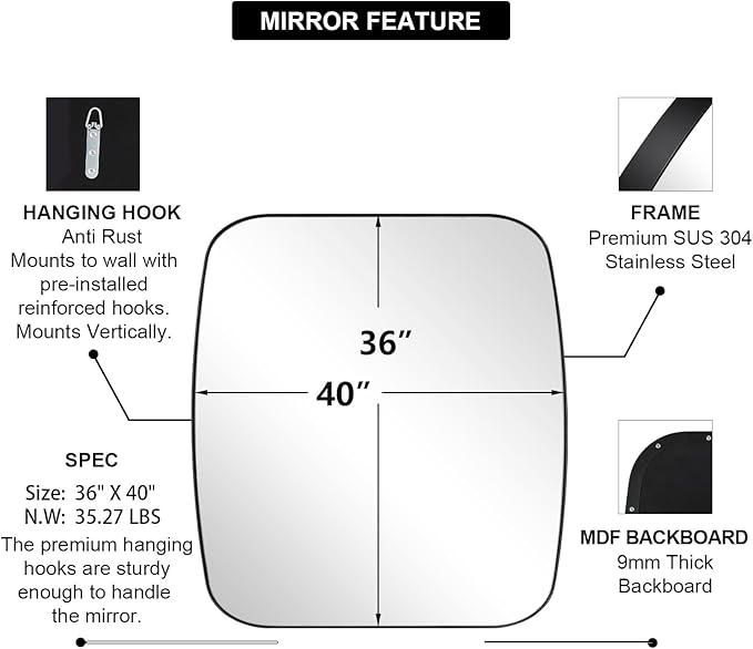 ANDY STAR Black Oblong Mirror, 36x40 Inch Black Oval Mirror - Image 6