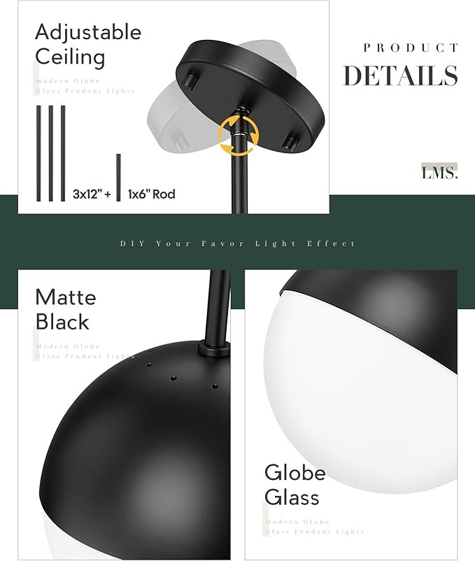 LMS 2 Pack Mid Century Pendant Lights, Matte Black Kitchen Island Light Fixtures - Image 3