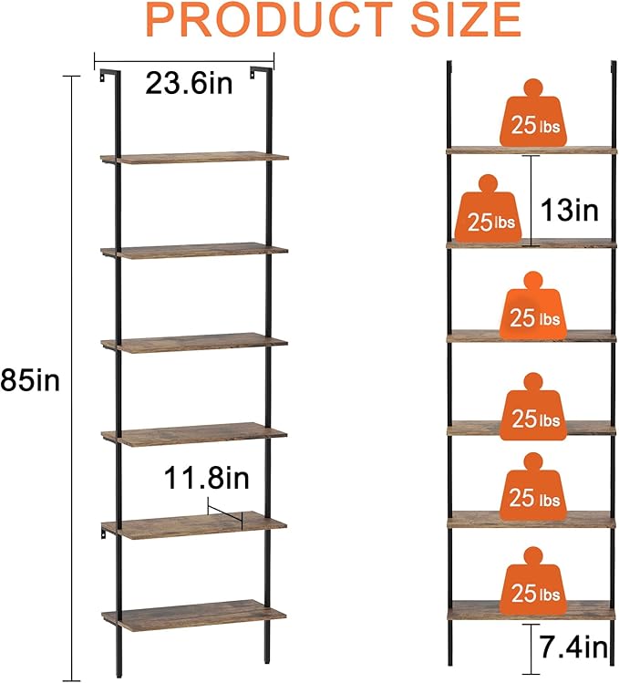 Bookcase Rustic Brown 6 Tiers Modern Bookshelf Room Organizer Open Tall Wall - Image 2