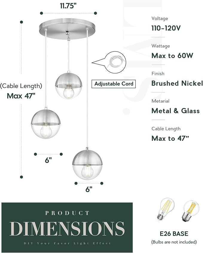 LMS Modern Brushed Nickel 3-Light Cluster Pendant Lights, Mid Century Pendant - Image 3