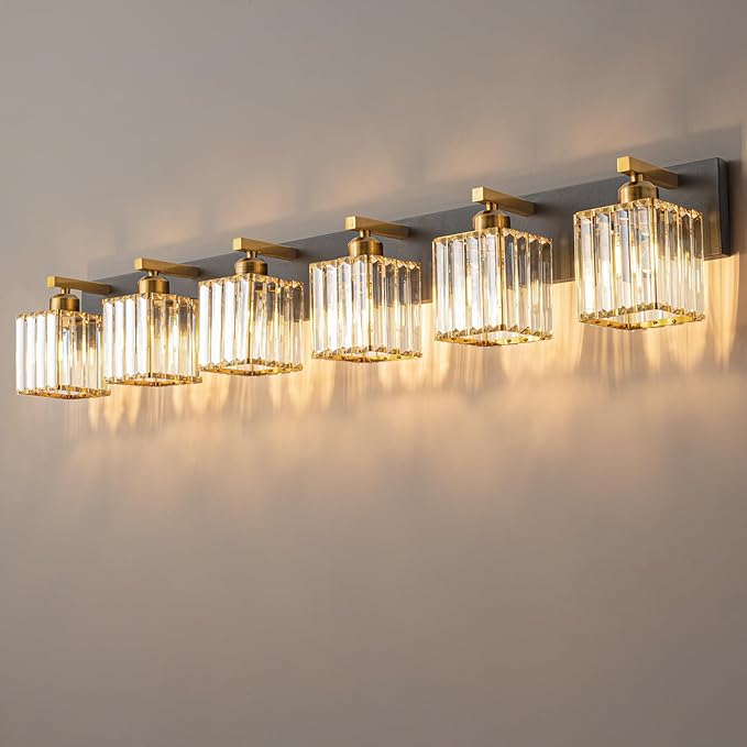 Modern Bathroom Vanity Light 6-Lights Black Gold Crystal Bathroom Wall Light by FDPBY