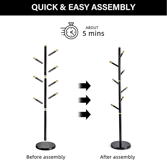 CozyDH Black Coat Rack Freestanding Solid Wood Coat Rack Stand, Coat Tree - Image 9