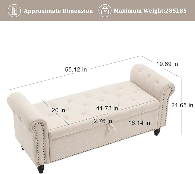 Furniliving 55” End of Bed Bench, Bedroom Bench - Image 3