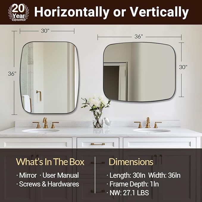 ANDY STAR 30x36” Black Bathroom Mirror, Oblong Vanity Mirror - Image 2