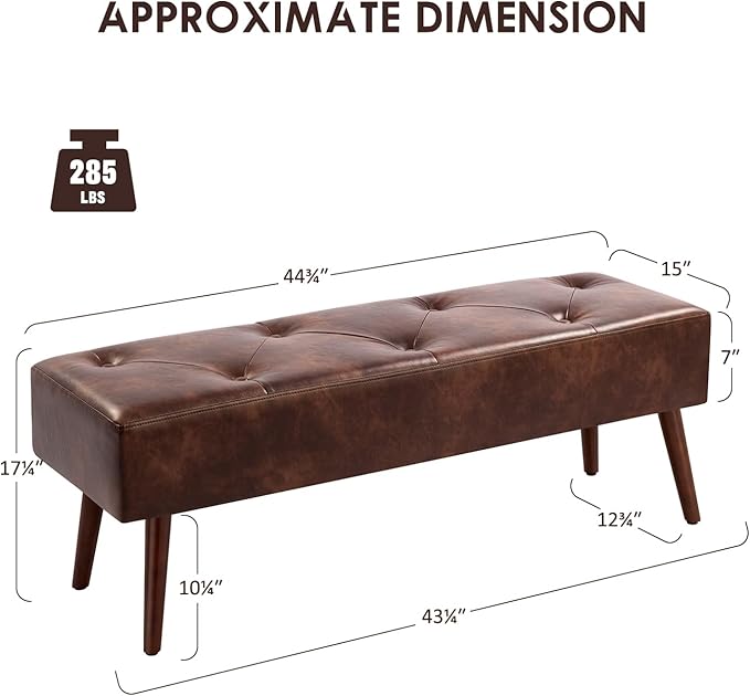 Furniliving 44 Inch Tufted Bench, Leather Footrest Bedroom Bench Seat, - Image 3