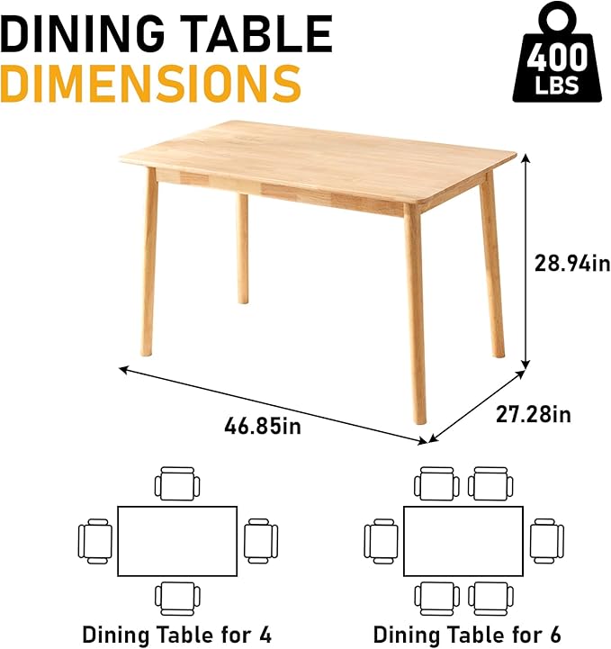 BAKEVE Dining Table for 4-6 Person- 47.2'' Solid Wood Kitchen Table, Mid - Image 3