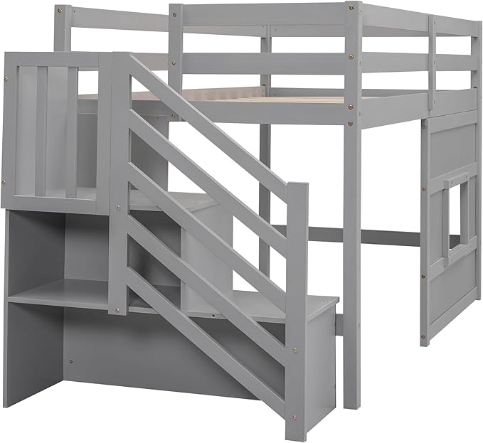 Twin Size Loft Bed with Storage Staircase and Window, Wood Twin Loft Bunk - Image 5