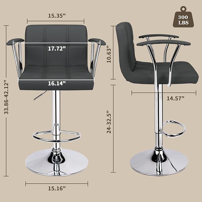 Bar Stools Set of 2, Armrest Adjustable Swivel Barstools - Image 3