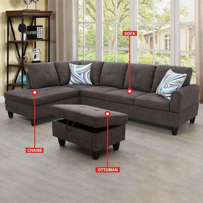 Dark Brown L-Shaped 3-Piece Flannel Sofa - Image 3