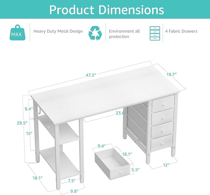 Lufeiya White Desk with Drawers & Storage Shelves, 47 Inch Study Work Writing - Image 3