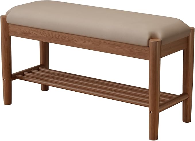 Shoe Bench Entryway with Cushion, Solid Wood Bench with Shoe Storage, 2-Tier - Image 6