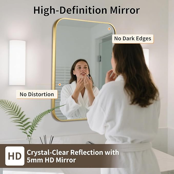 Gold Bathroom Mirror, 16x20 Inch Aluminum Frame Rectangle Mirror, Tempered Glass - Image 3