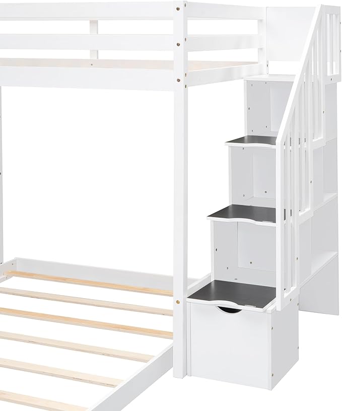 Twin Over Full Bunk Bed with 3-Layer Shelves, Wood L-Shape High Loftbed Frame - Image 6