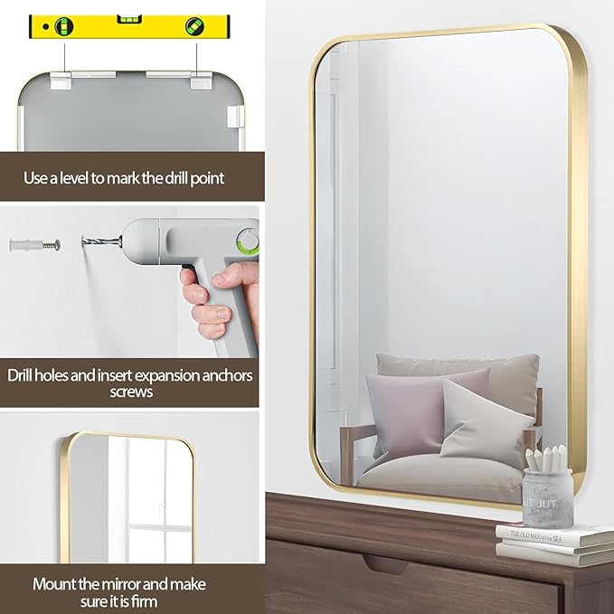 Gold Bathroom Mirror, 20x30 Inch Brushed Gold Mirror, Aluminum Alloy Framed - Image 5