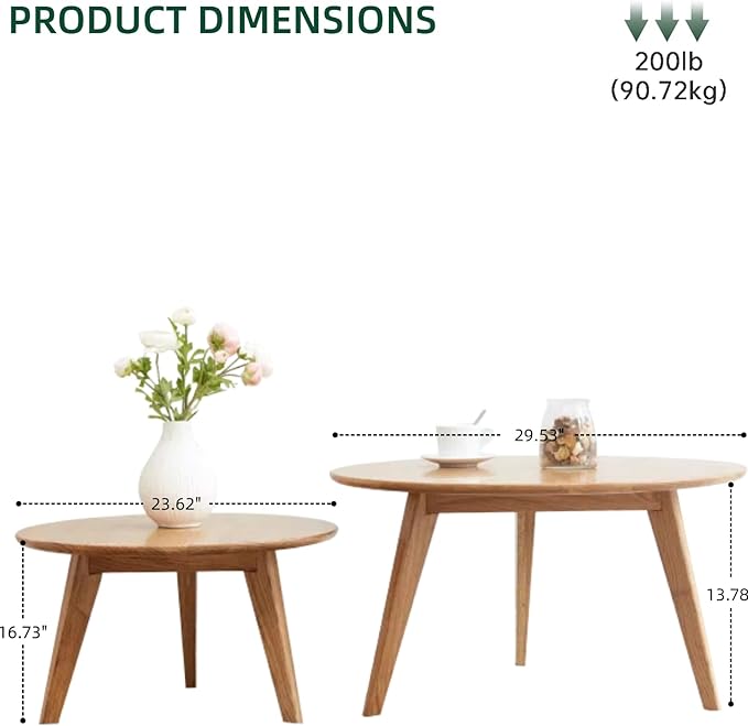 100% Solid Oak Wood Coffee Table Set, Round Coffee Table Combo Side Table - Image 2