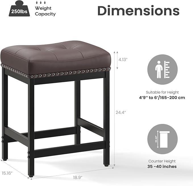 MALOL Set of 4 Saddle Bar Stools Counter Height 24.4”, Backless Barstools - Image 2