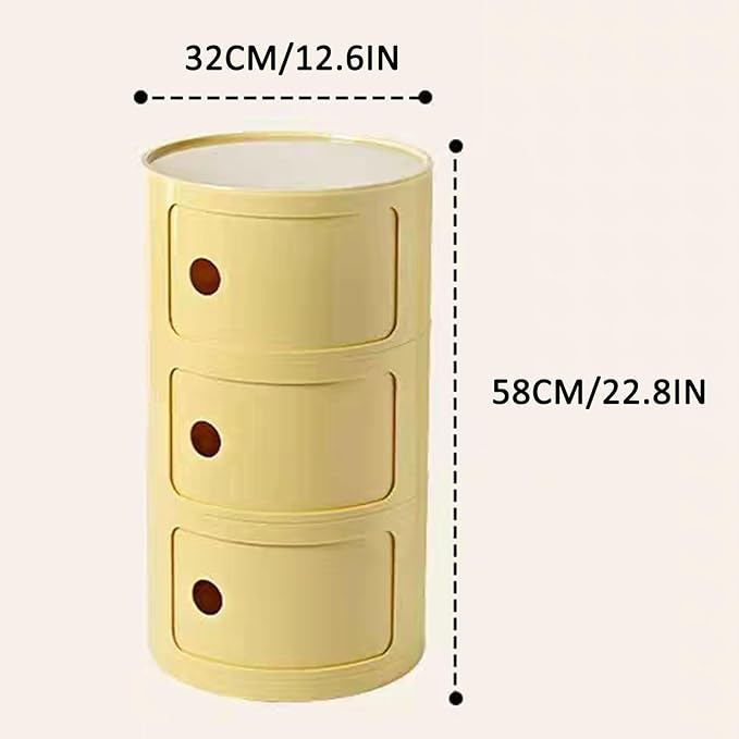 3 Tier Round Nightstand with Drawers, Light Yellow Round Side Table Small - Image 3