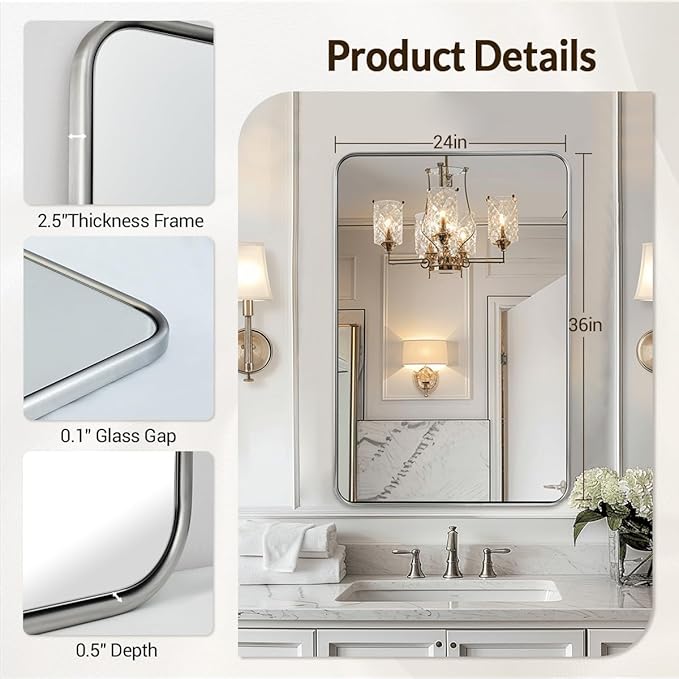 ANDY STAR Brushed Nickel Mirror, Stainless Steel Metal Frame 24x36 Inch - Image 4